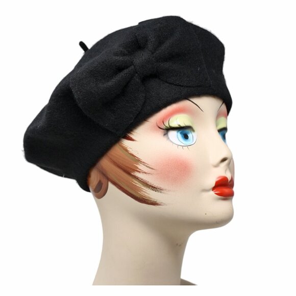 Hey Viv Accessories - Black Wool Beret w Bow Warm and Stylish for Church, Dress or Going Out - Hey Viv